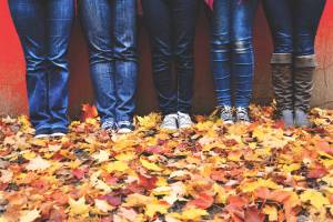 Vier Menschen in Jeans und Turnschuhen auf Herbstlaub.