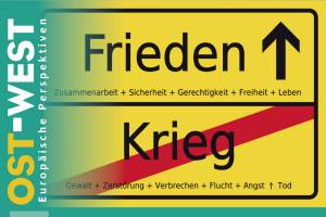 Ausschnitt des Covers der Zeitschrift OWEP. In Straßenschildoptik: „Krieg“ durchgestrichen, Pfeil geradeaus Richtung Frieden