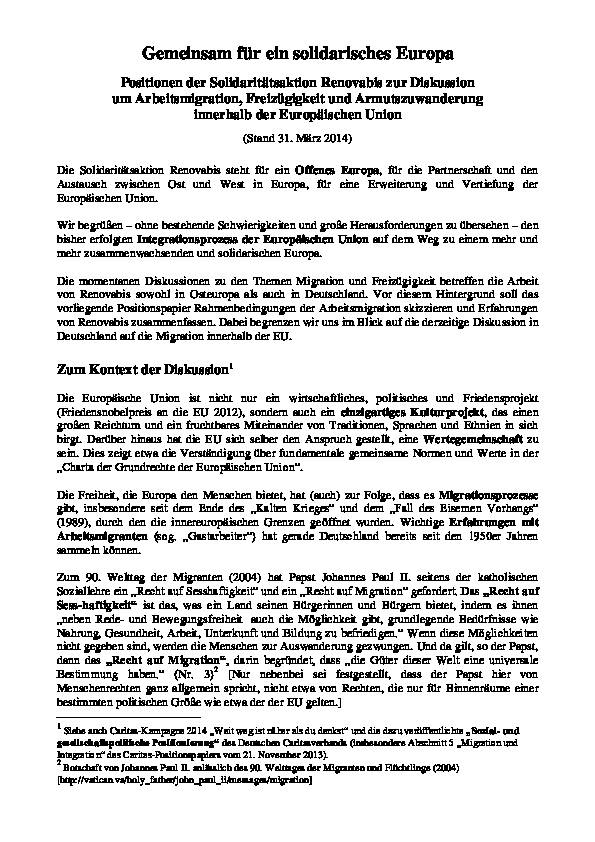 „Gemeinsam für ein solidarisches Europa“ - Positionspapier zur Diskussion um Arbeitsmigration, Freizügigkeit und Armutszuwanderung innerhalb der Europäischen Union (März 2014)