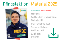 Mädchen mit Schulranzen, Hinweis auf die Pfingstaktion von Renovabis
