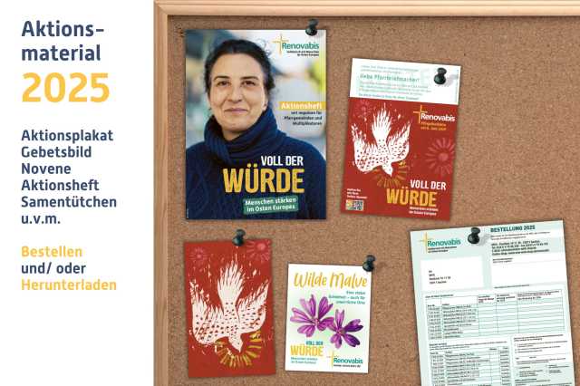 Mädchen mit Schulranzen, Hinweis auf die Pfingstaktion von Renovabis