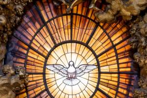Das Bild zeigt ein rundes Glasfenster mit einer stilisierten weißen Taube im Zentrum. Die Taube breitet ihre Flügel symmetrisch aus und ist von konzentrisch angeordneten orange-gelben Glasfeldern umgeben, die an Sonnenstrahlen erinnern. Um das Fenster herum befinden sich zahlreiche goldfarbene Engelsfiguren und Kindergesichter, plastisch gearbeitet und in Wolken eingebettet. Die Komposition ist symmetrisch und wirkt wie ein zentraler Blickfang in einem sakralen Raum.