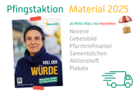 Sackkarre mit Kartons - Hinweis auf die Bestellseite für das Renovabis-Aktionsmaterial